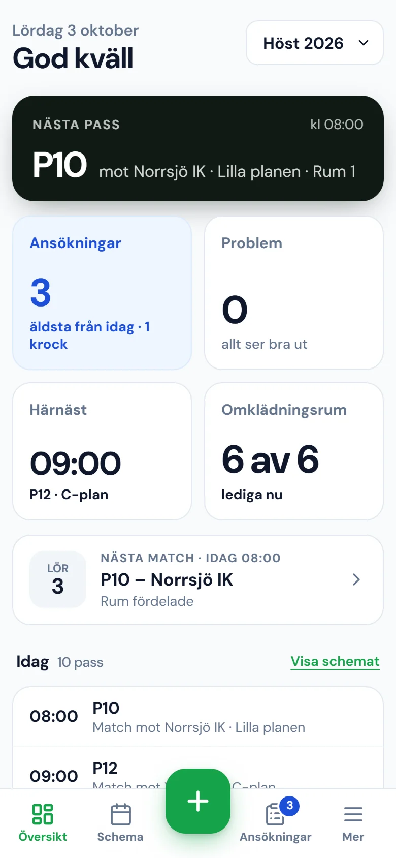 Översikten i mobilen med nästa pass.